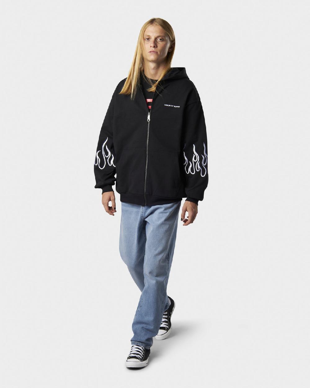 Vision Of Super BLACK HOODIE ZIP WITH EMBROIDERED WHITE LOGO EMBROIDERED WHITE FLAMES AND METAL LABEL + BUTTON 2025