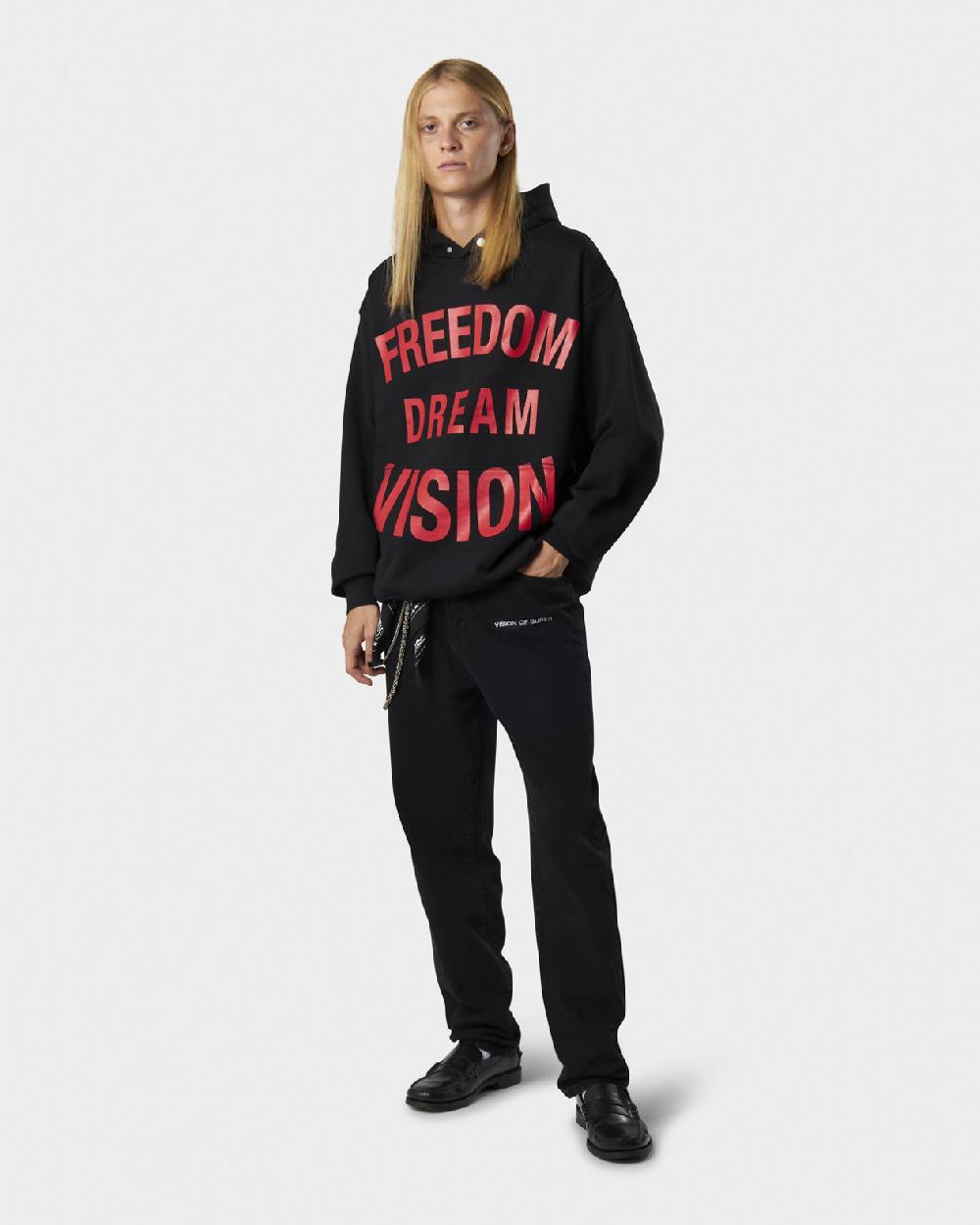 Vision Of Super BLACK HOODIE WITH FREEDOM PRINT METAL LABEL AND BUTTON In Linea