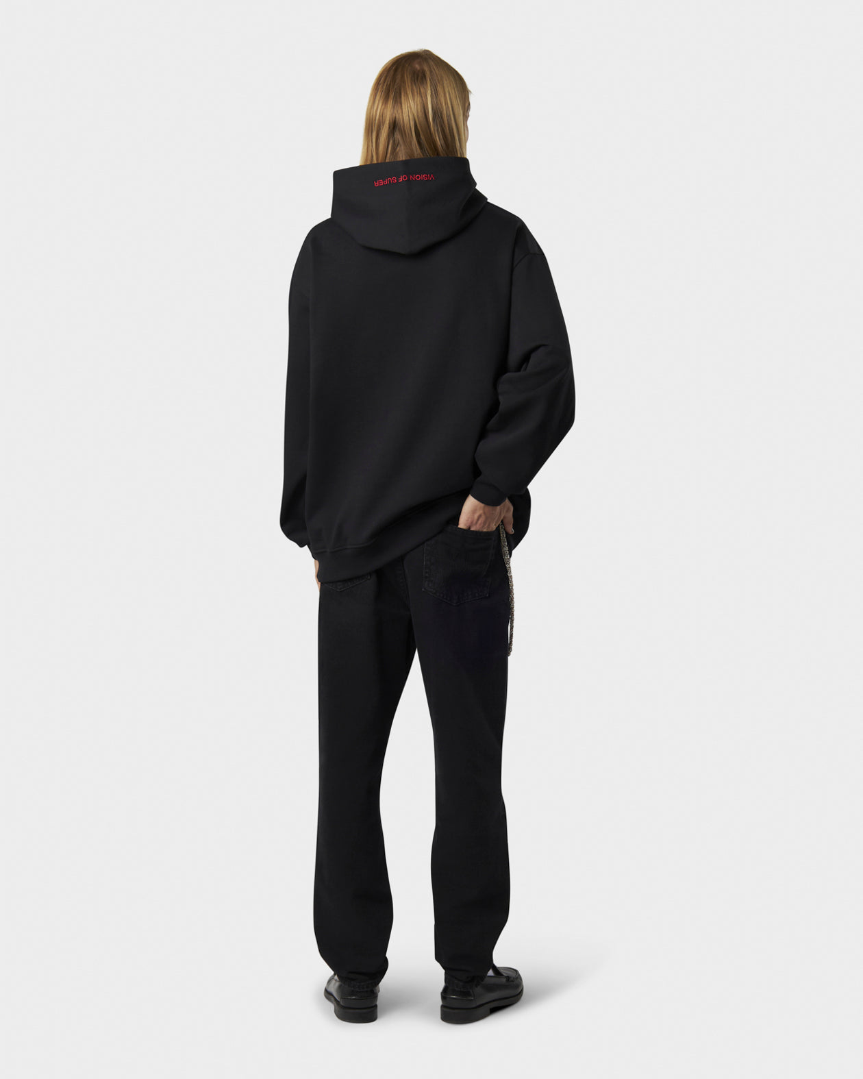 Vision Of Super BLACK HOODIE WITH FREEDOM PRINT METAL LABEL AND BUTTON In Linea