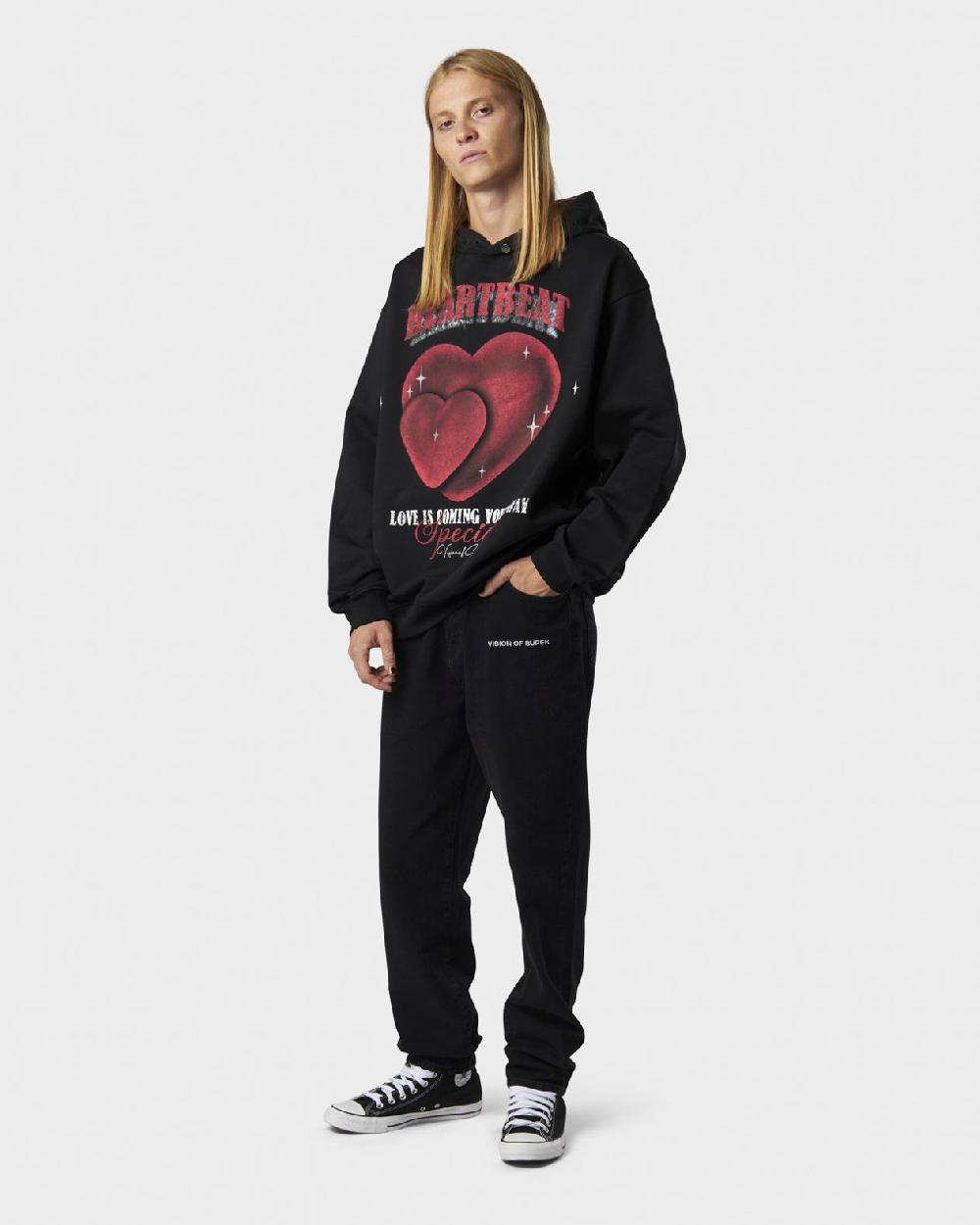 Vision Of Super BLACK HOODIE WITH HEARTBEAT PRINT ON FRONT AND METAL LABEL AND BUTTON Qualità