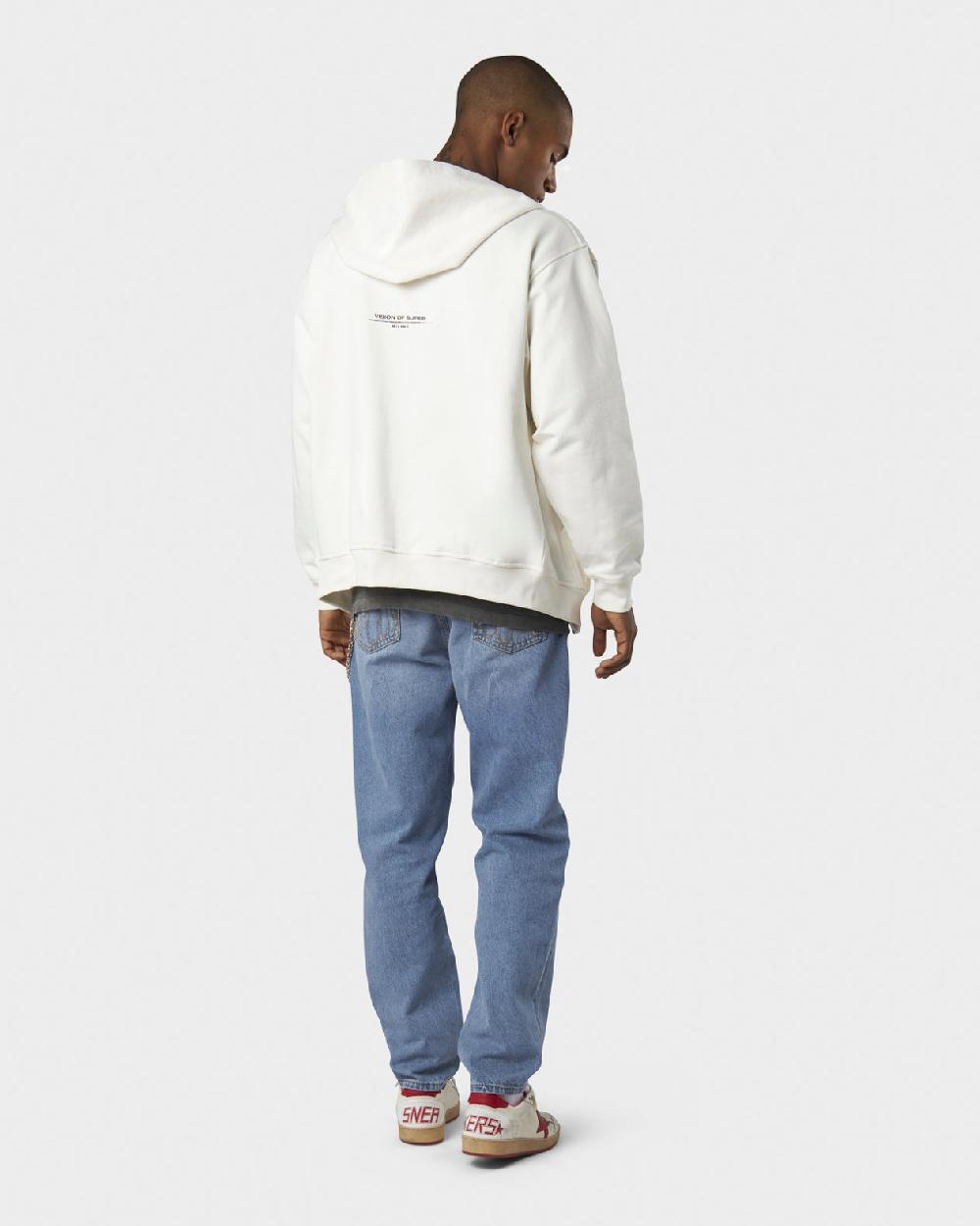 Vision Of Super WHITE HOODIE ZIP WITH RED FLAMES METAL LABEL AND PRINTED LOGO Spedizione Gratuita