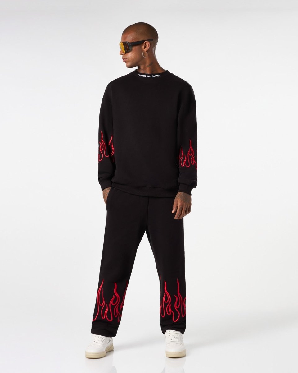 Vision Of Super BLACK CREWNECK WITH RED EMBROIDERED FLAMES Shopping Online