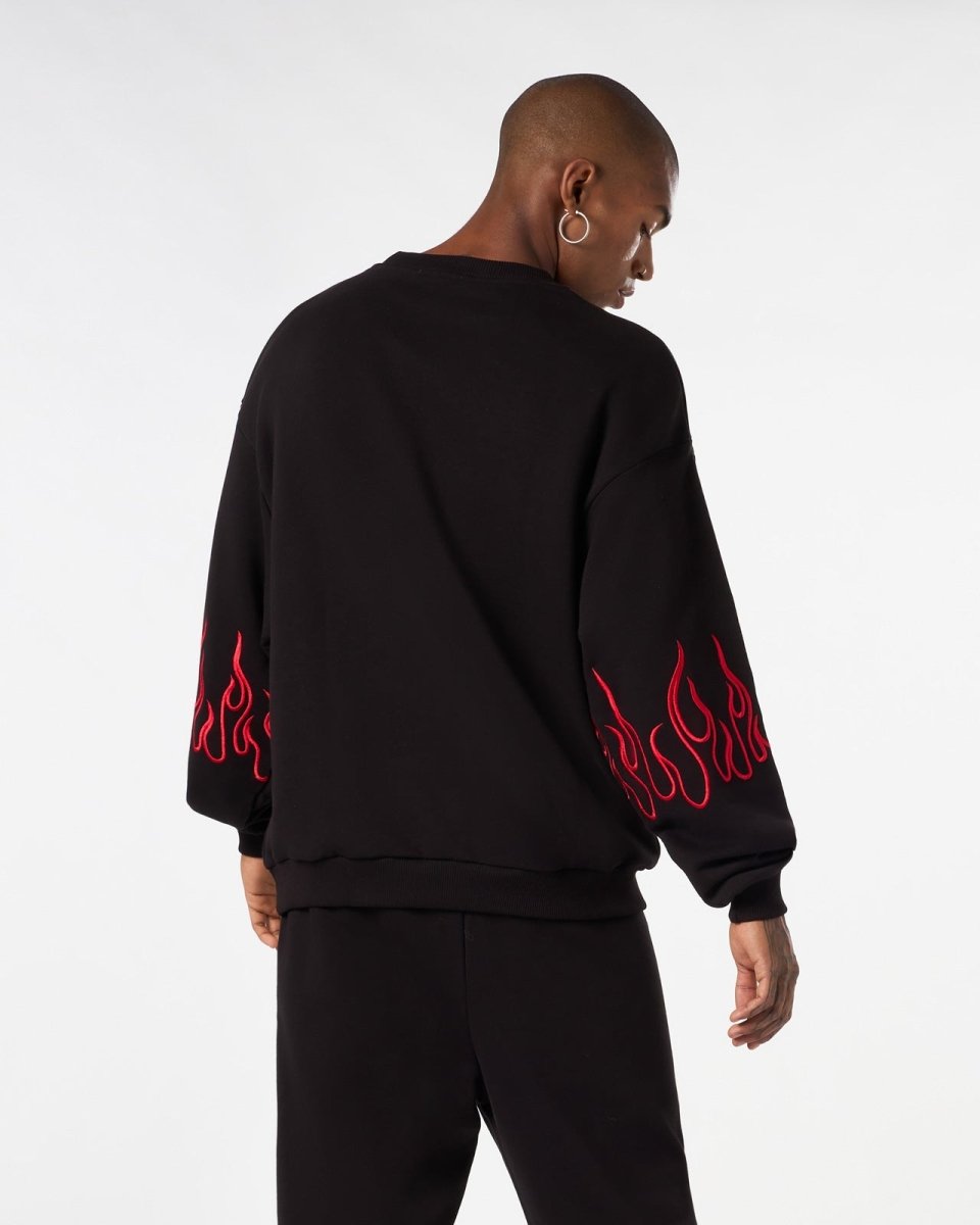 Vision Of Super BLACK CREWNECK WITH RED EMBROIDERED FLAMES Shopping Online