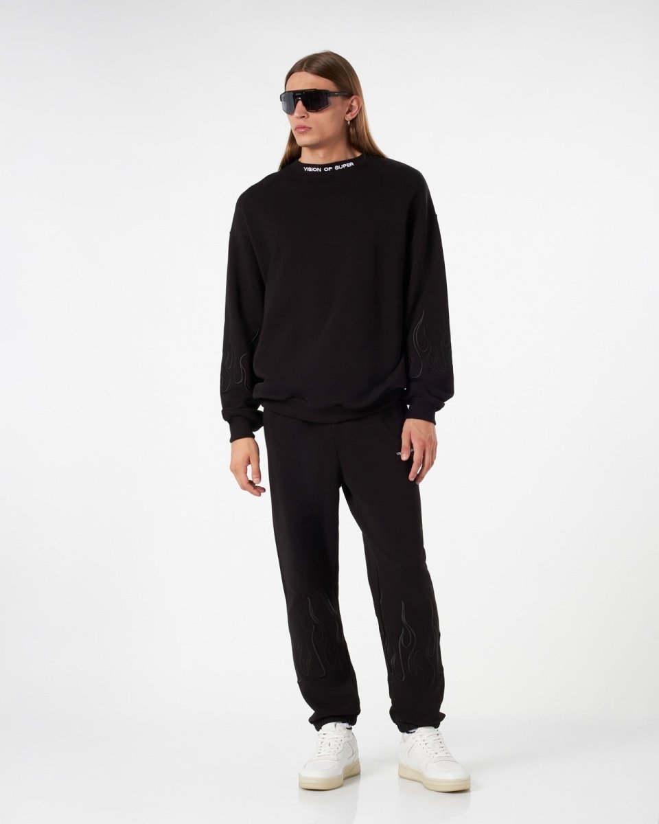 Vision Of Super BLACK CREWNECK WITH BLACK EMBROIDERED FLAMES Affare Del Giorno