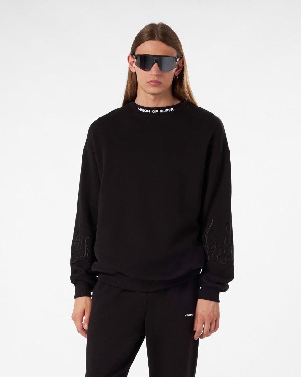 Vision Of Super BLACK CREWNECK WITH BLACK EMBROIDERED FLAMES Affare Del Giorno