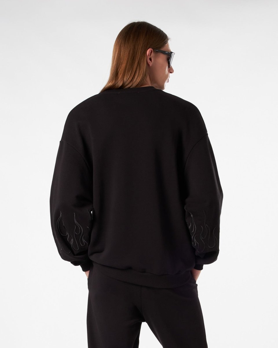 Vision Of Super BLACK CREWNECK WITH BLACK EMBROIDERED FLAMES Affare Del Giorno