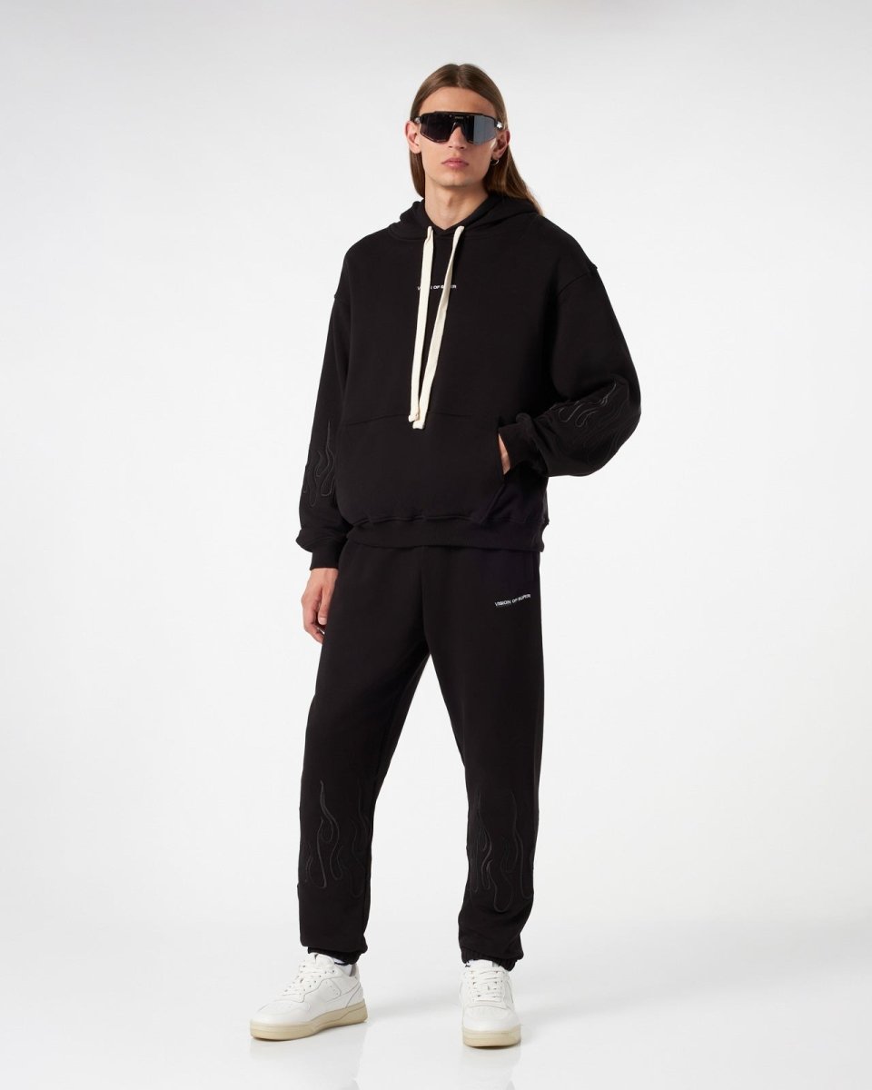 Vision Of Super BLACK HOODIE WITH BLACK EMBROIDERED FLAMES Prezzo Ridotto
