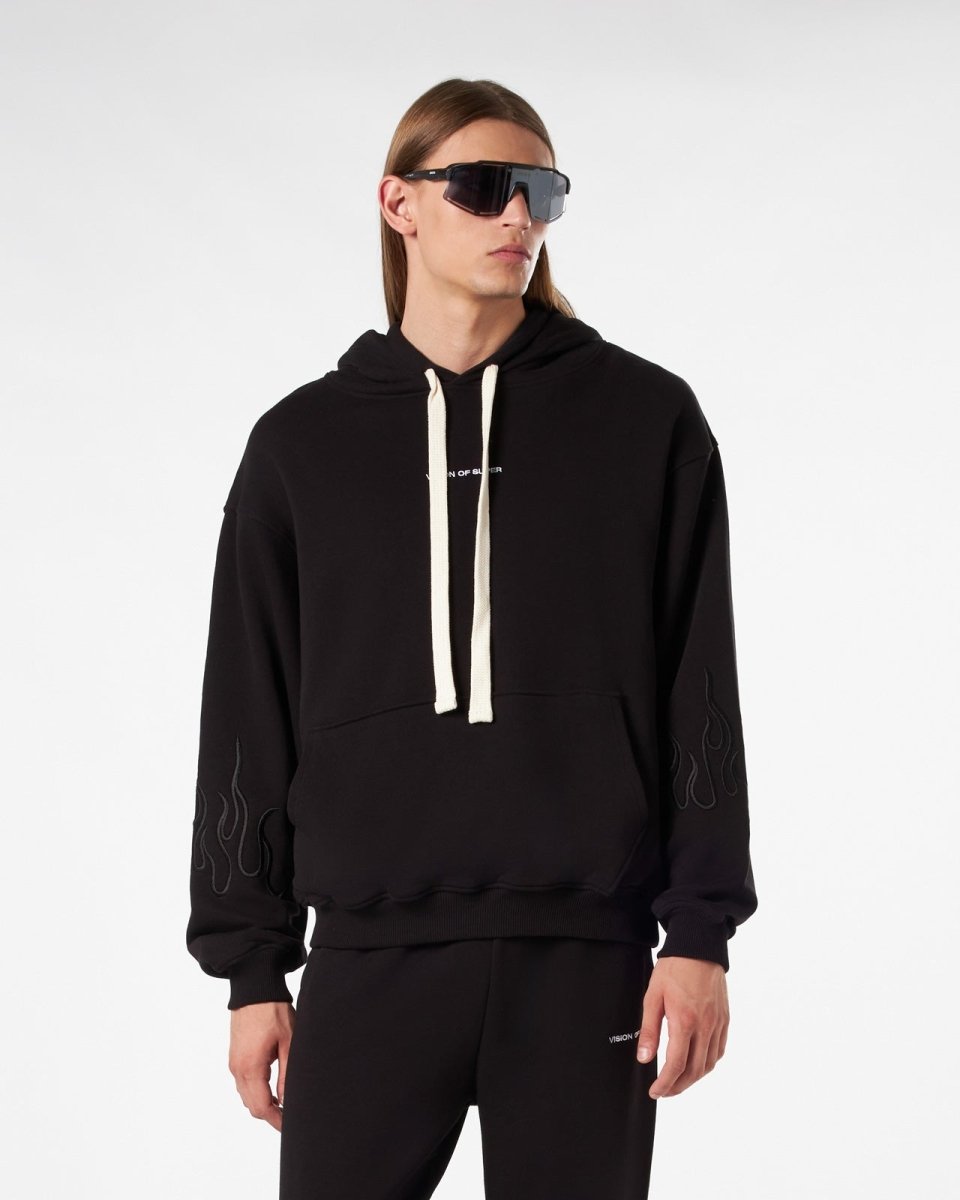 Vision Of Super BLACK HOODIE WITH BLACK EMBROIDERED FLAMES Prezzo Ridotto