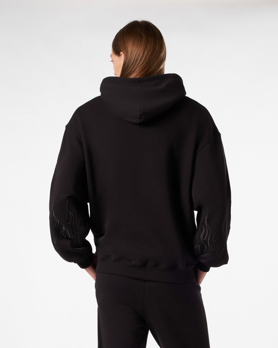 Vision Of Super BLACK HOODIE WITH BLACK EMBROIDERED FLAMES Prezzo Ridotto