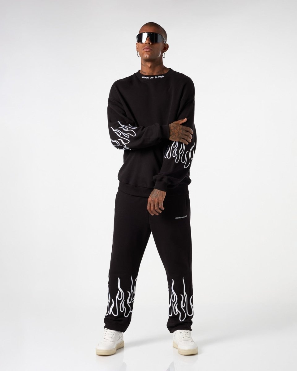 Vision Of Super BLACK CREWNECK WITH WHITE EMBROIDERED FLAMES Sconto