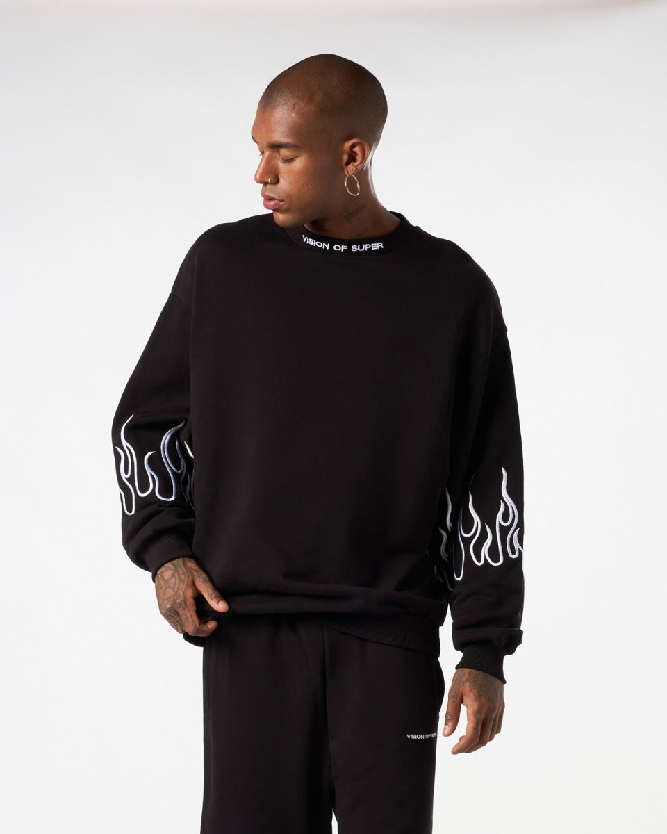 Vision Of Super BLACK CREWNECK WITH WHITE EMBROIDERED FLAMES Sconto