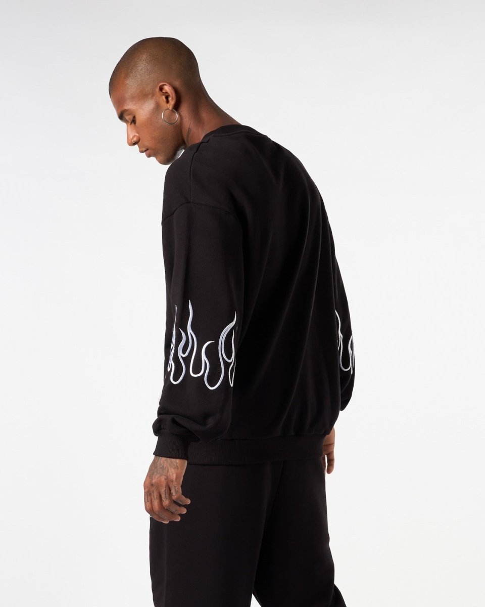Vision Of Super BLACK CREWNECK WITH WHITE EMBROIDERED FLAMES Sconto