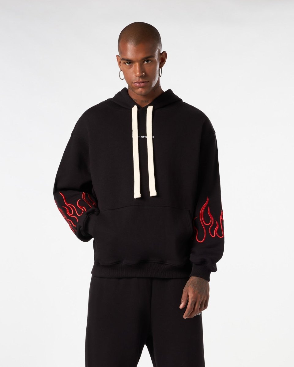 Vision Of Super BLACK HOODIE WITH RED EMBROIDERED FLAMES Novità