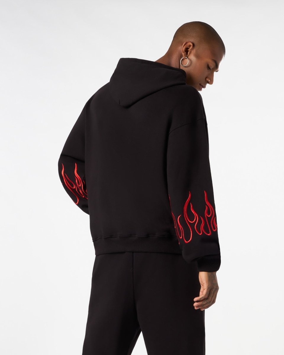 Vision Of Super BLACK HOODIE WITH RED EMBROIDERED FLAMES Novità