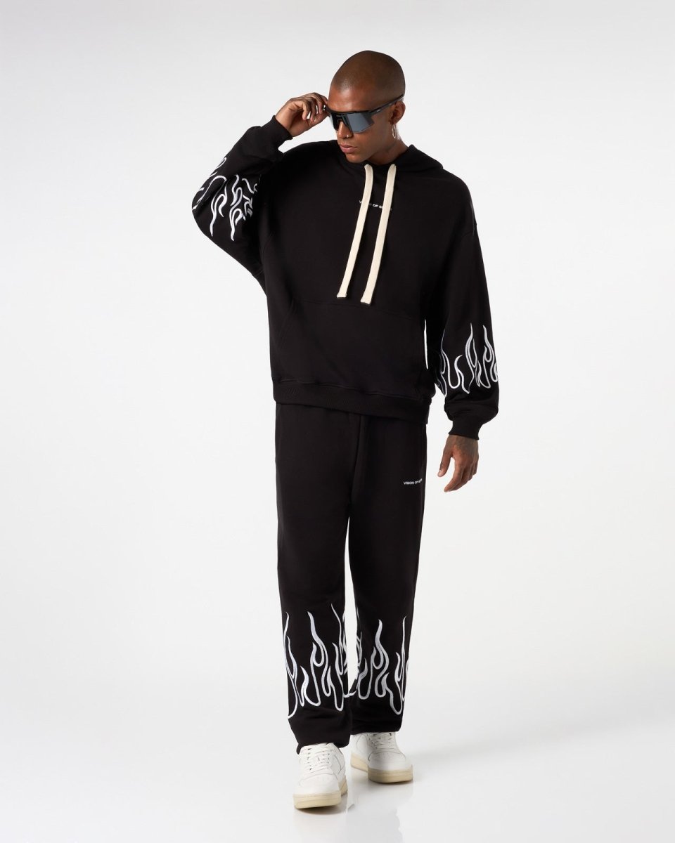 Vision Of Super BLACK HOODIE WITH WHITE EMBROIDERED FLAMES Presa