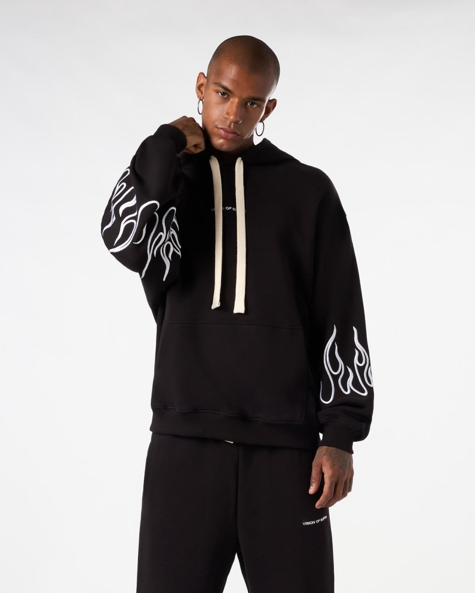 Vision Of Super BLACK HOODIE WITH WHITE EMBROIDERED FLAMES Presa