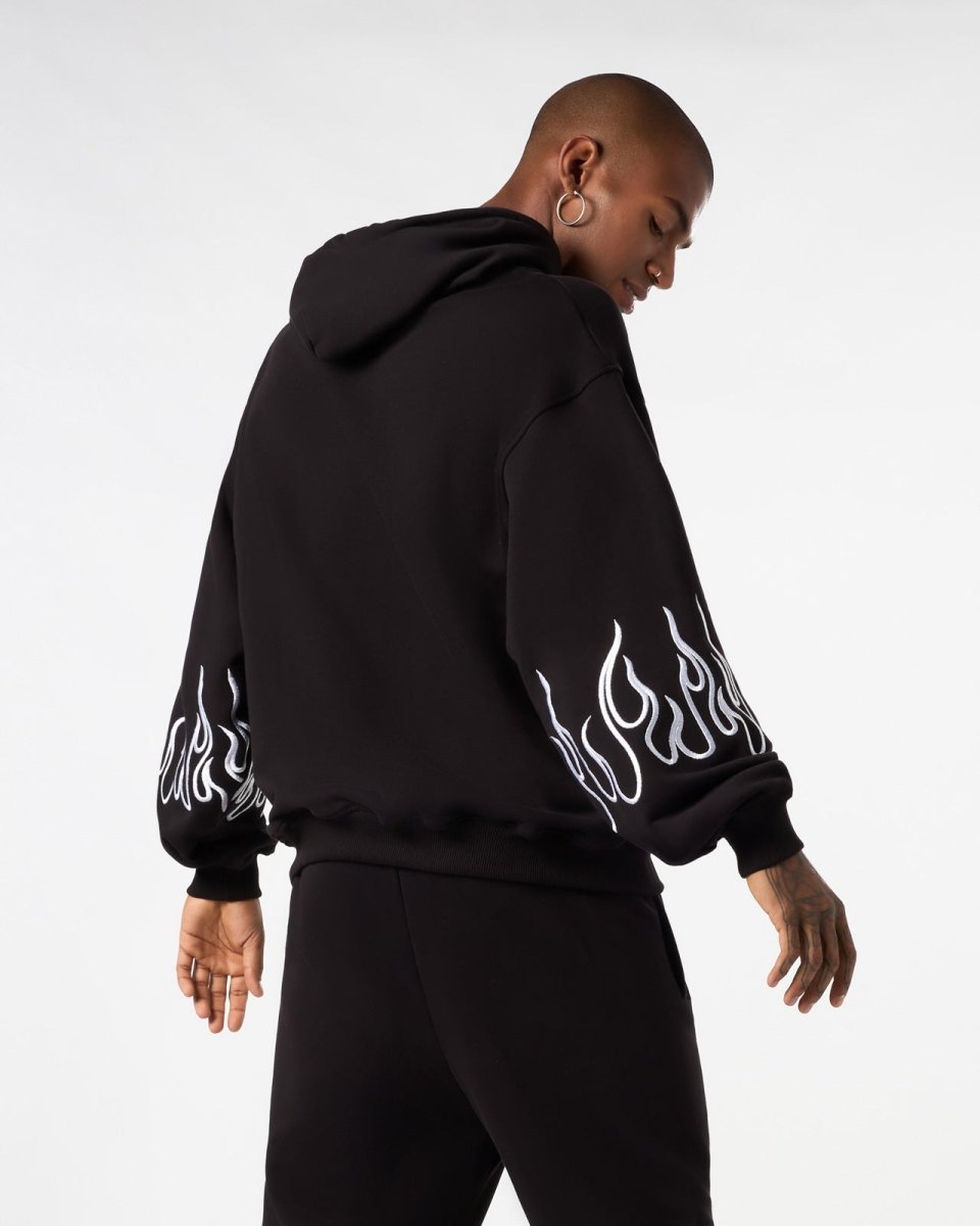 Vision Of Super BLACK HOODIE WITH WHITE EMBROIDERED FLAMES Presa