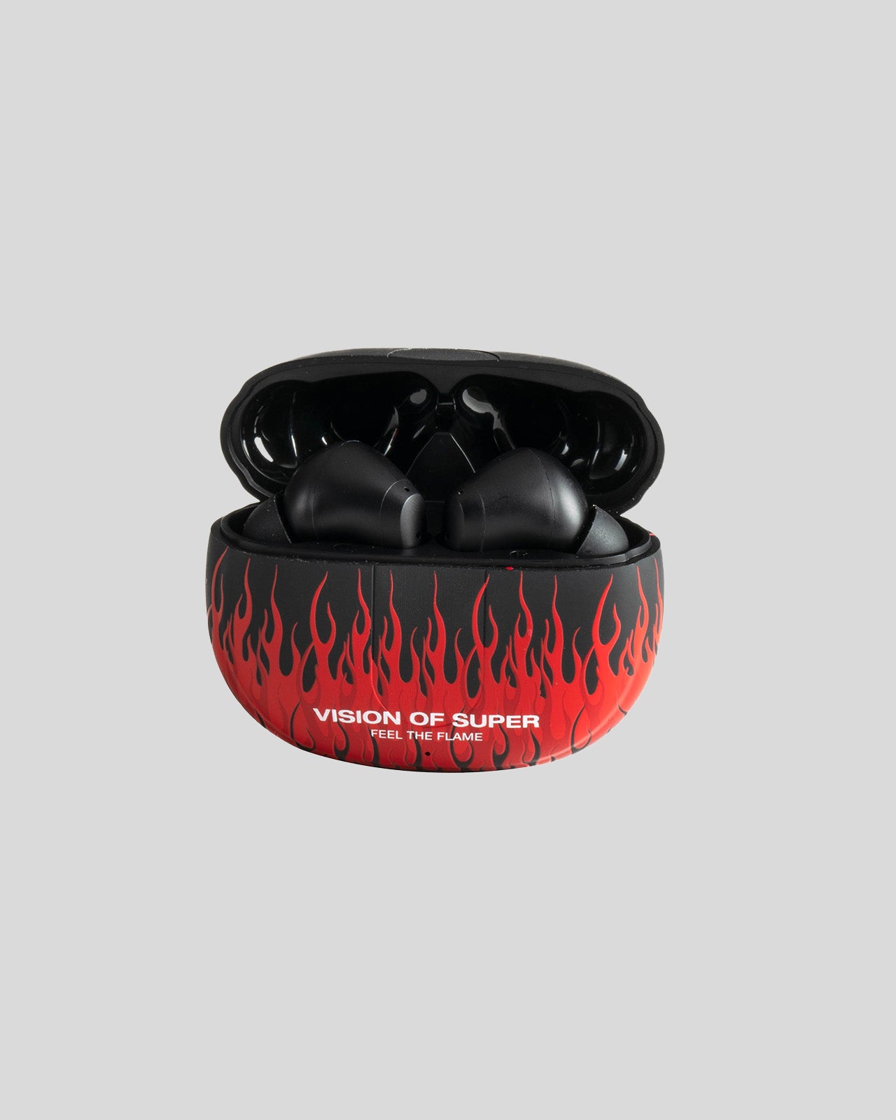 Vision Of Super BLACK EARPHONES WITH RED FLAMES AND WHITE LOGO In Linea