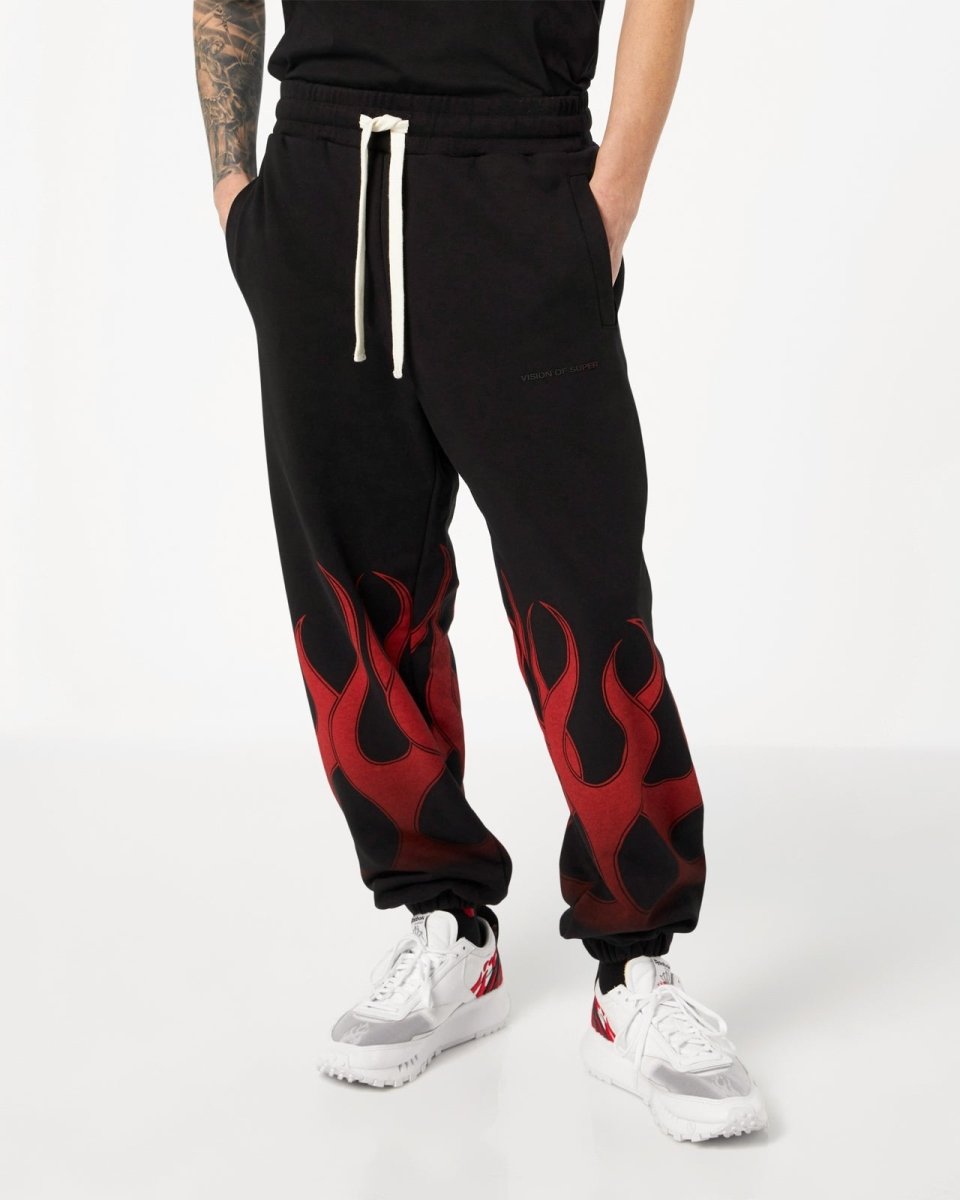Vision Of Super BLACK PANTS WITH RED FLAMES Negozio