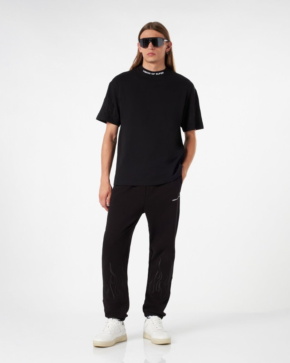 Vision Of Super BLACK PANTS WITH BLACK EMBROIDERED FLAMES In Saldo