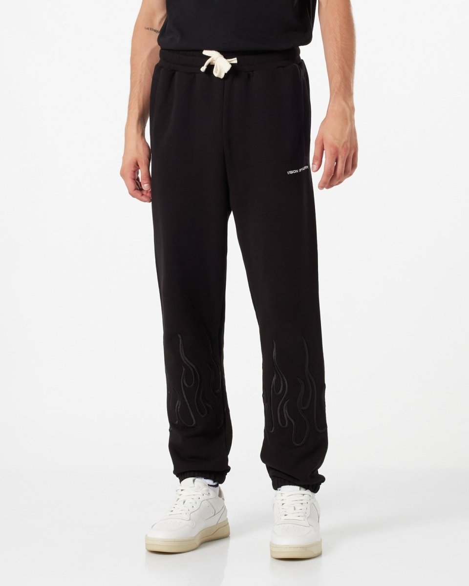 Vision Of Super BLACK PANTS WITH BLACK EMBROIDERED FLAMES In Saldo