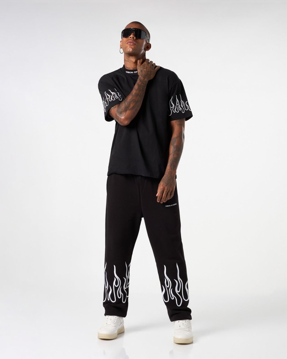 Vision Of Super BLACK PANTS WITH WHITE EMBROIDERED FLAMES Nuova