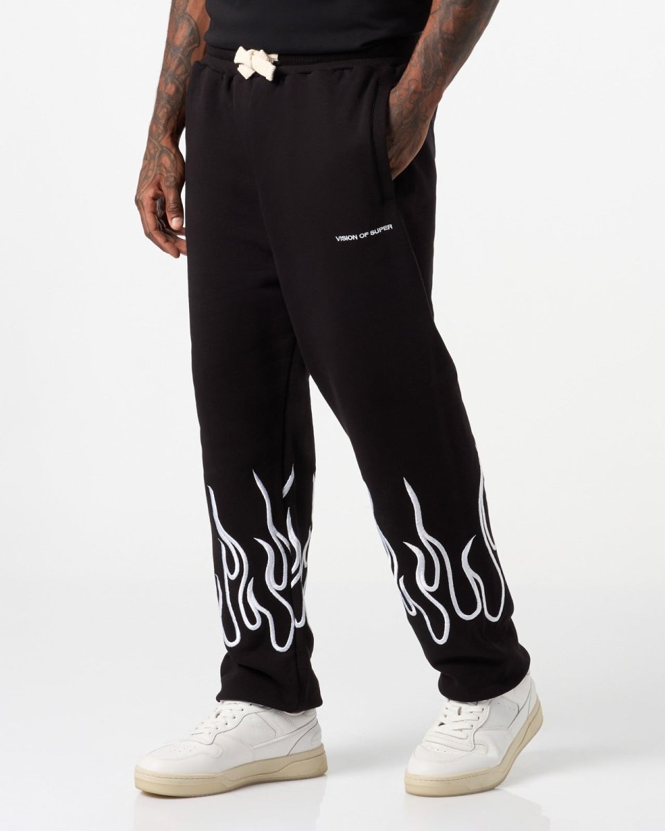 Vision Of Super BLACK PANTS WITH WHITE EMBROIDERED FLAMES Nuova