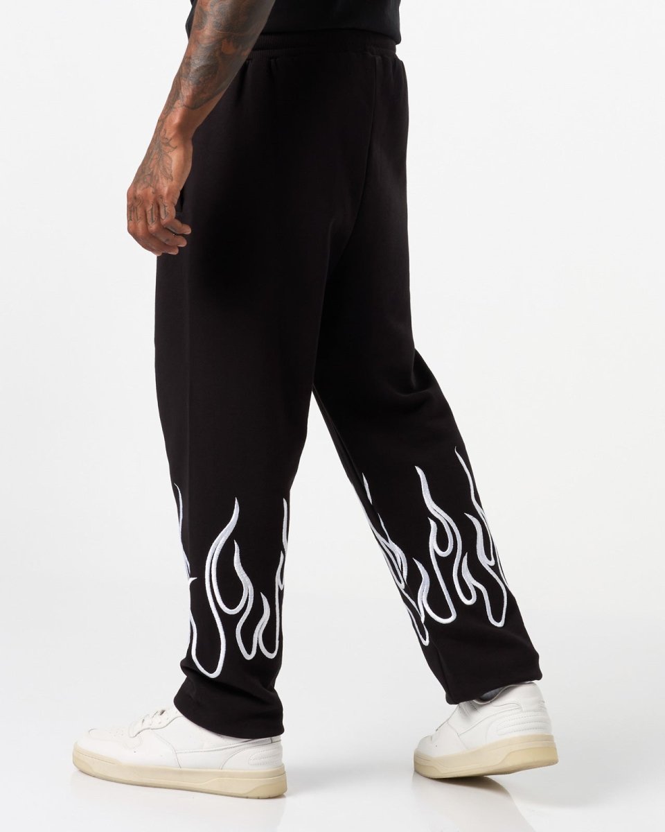 Vision Of Super BLACK PANTS WITH WHITE EMBROIDERED FLAMES Nuova