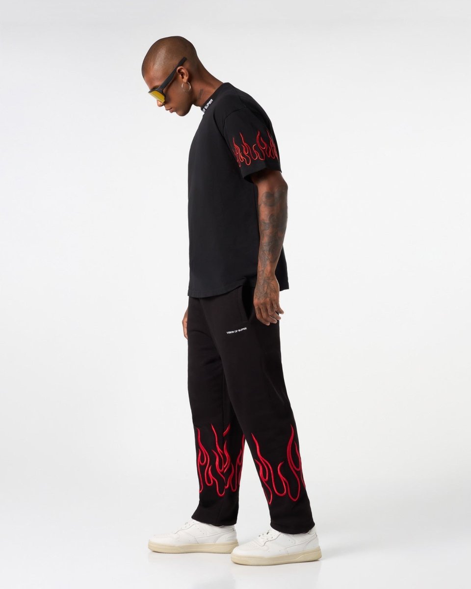 Vision Of Super BLACK PANTS WITH RED EMBROIDERED FLAMES Moda