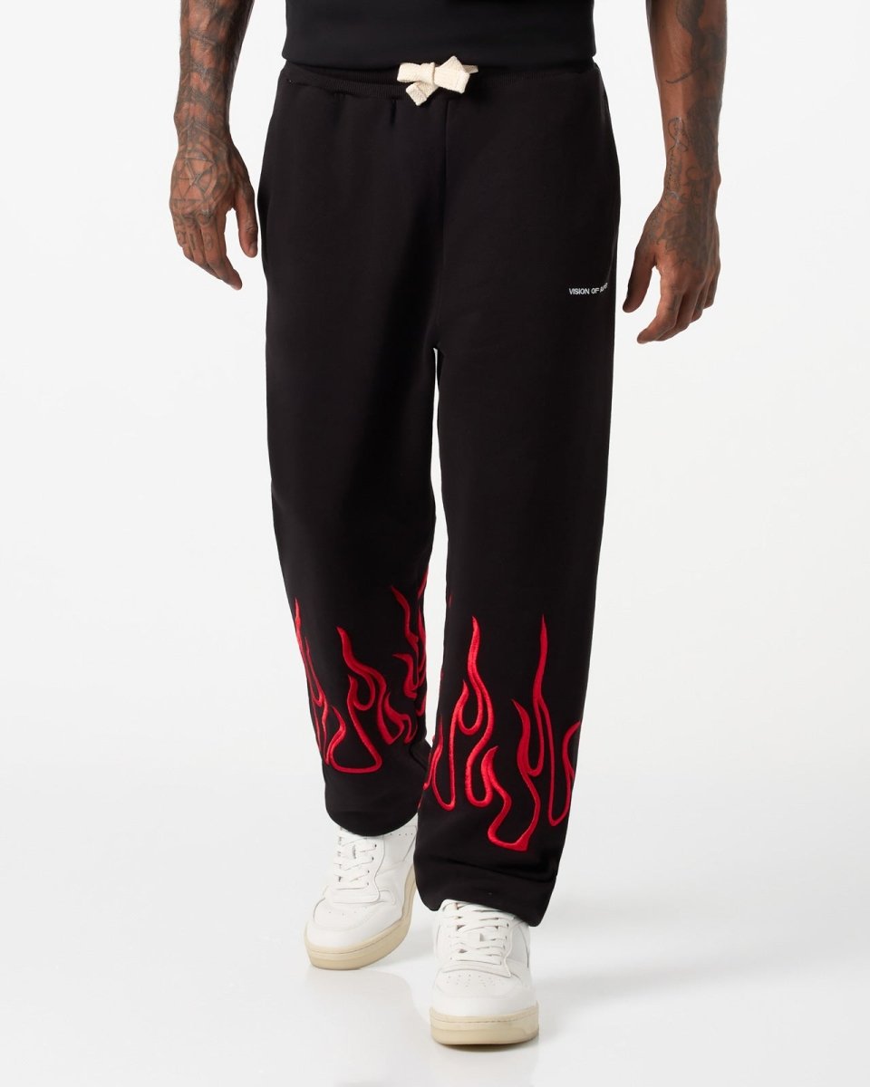 Vision Of Super BLACK PANTS WITH RED EMBROIDERED FLAMES Moda