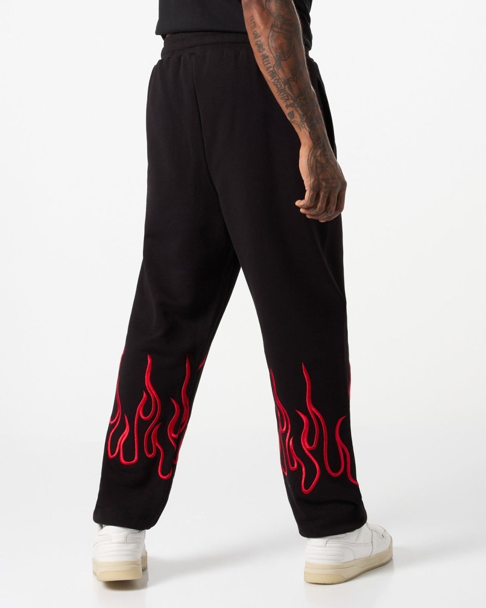 Vision Of Super BLACK PANTS WITH RED EMBROIDERED FLAMES Moda