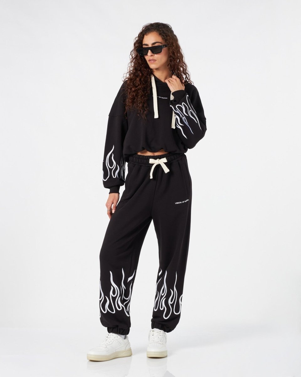 Vision Of Super BLACK WOMAN PANTS WITH WHITE EMBROIDERED FLAMES 2025