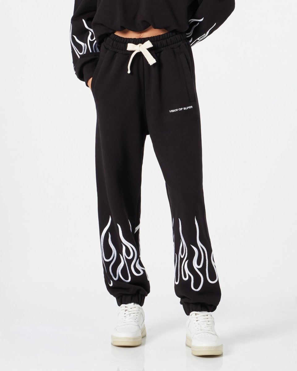 Vision Of Super BLACK WOMAN PANTS WITH WHITE EMBROIDERED FLAMES 2025