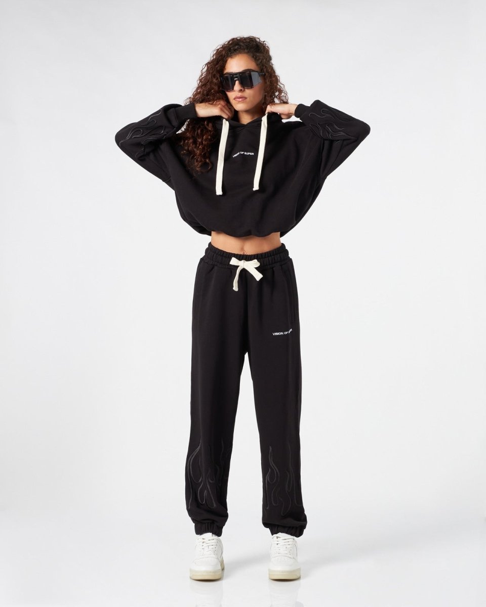 Vision Of Super BLACK WOMAN PANTS WITH BLACK EMBROIDERED FLAMES Italia