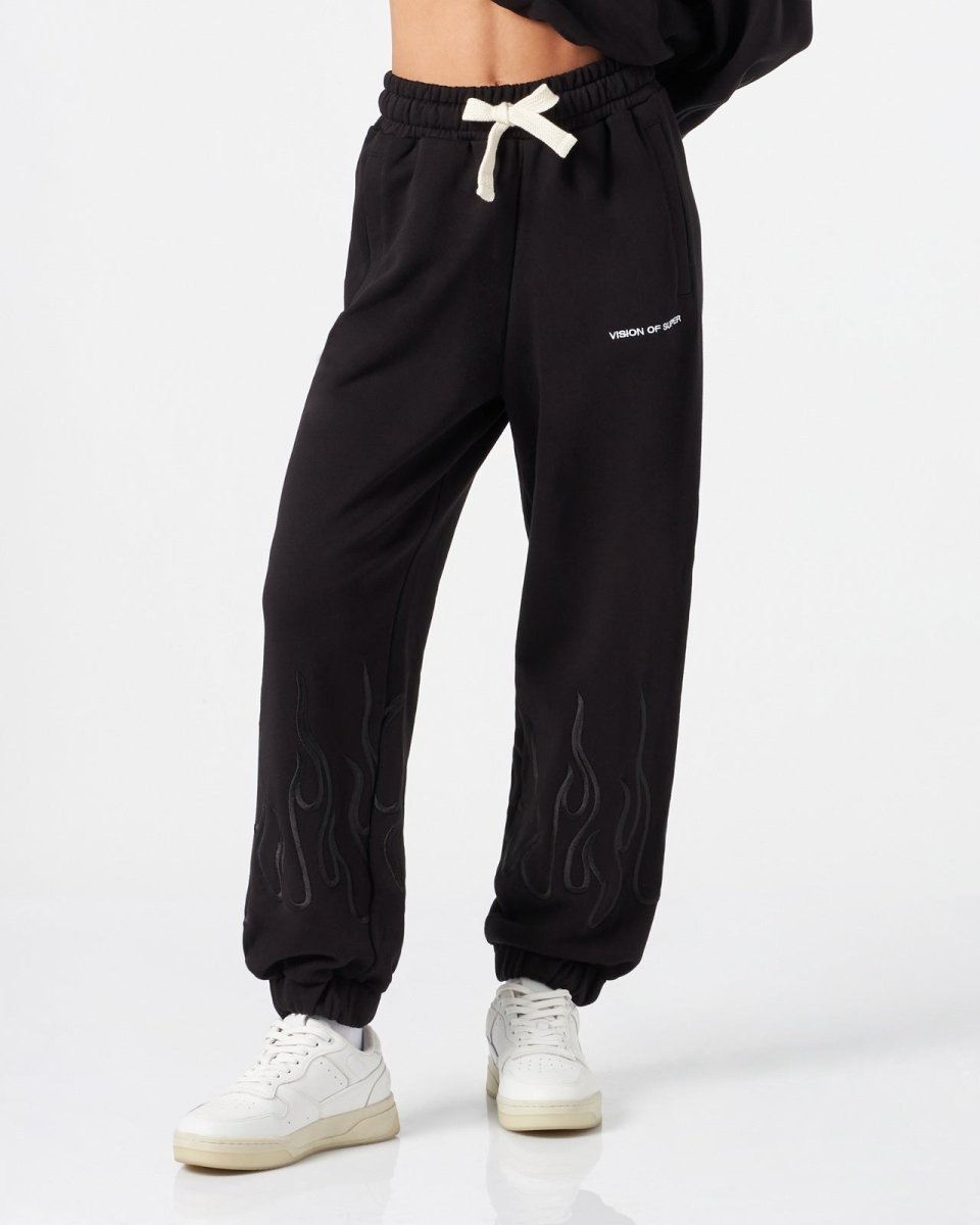 Vision Of Super BLACK WOMAN PANTS WITH BLACK EMBROIDERED FLAMES Italia