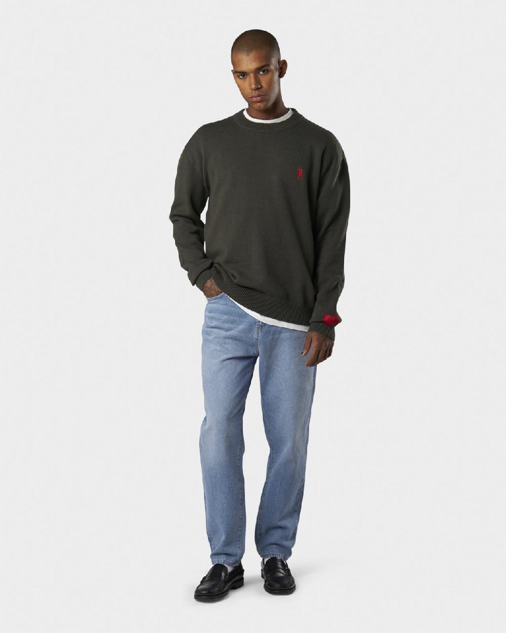 Vision Of Super MILITARY GREEN SWEATER WITH RED FLAME AND PRINTED LOGO Nuovo