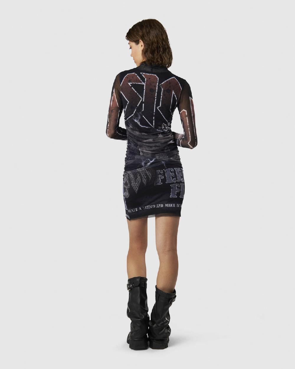 Vision Of Super BLACK MIDI DRESS WITH FELL ROCK GRAPHIC Consegna Veloce