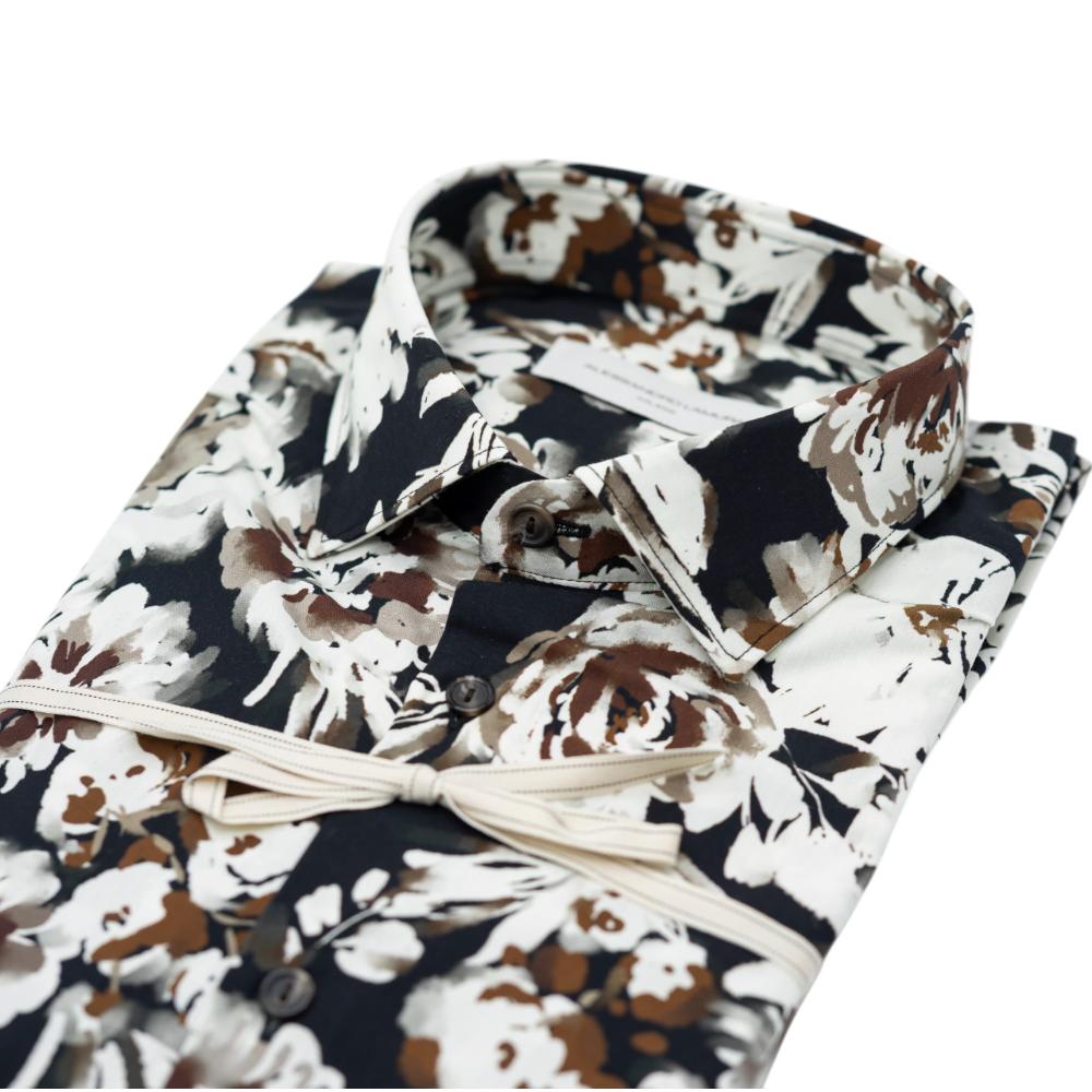 Alessandro Lamura Camicia Nera con Motivo Floreale Bianco e Marrone In Saldo