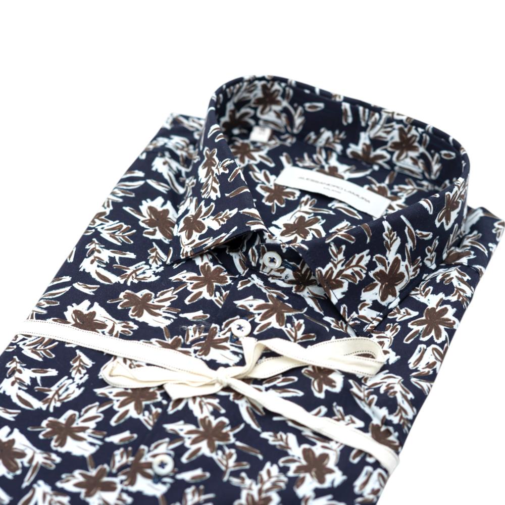 Alessandro Lamura Camicia Blu scuro con Stampa Floreale Bianca e Marrone Italia