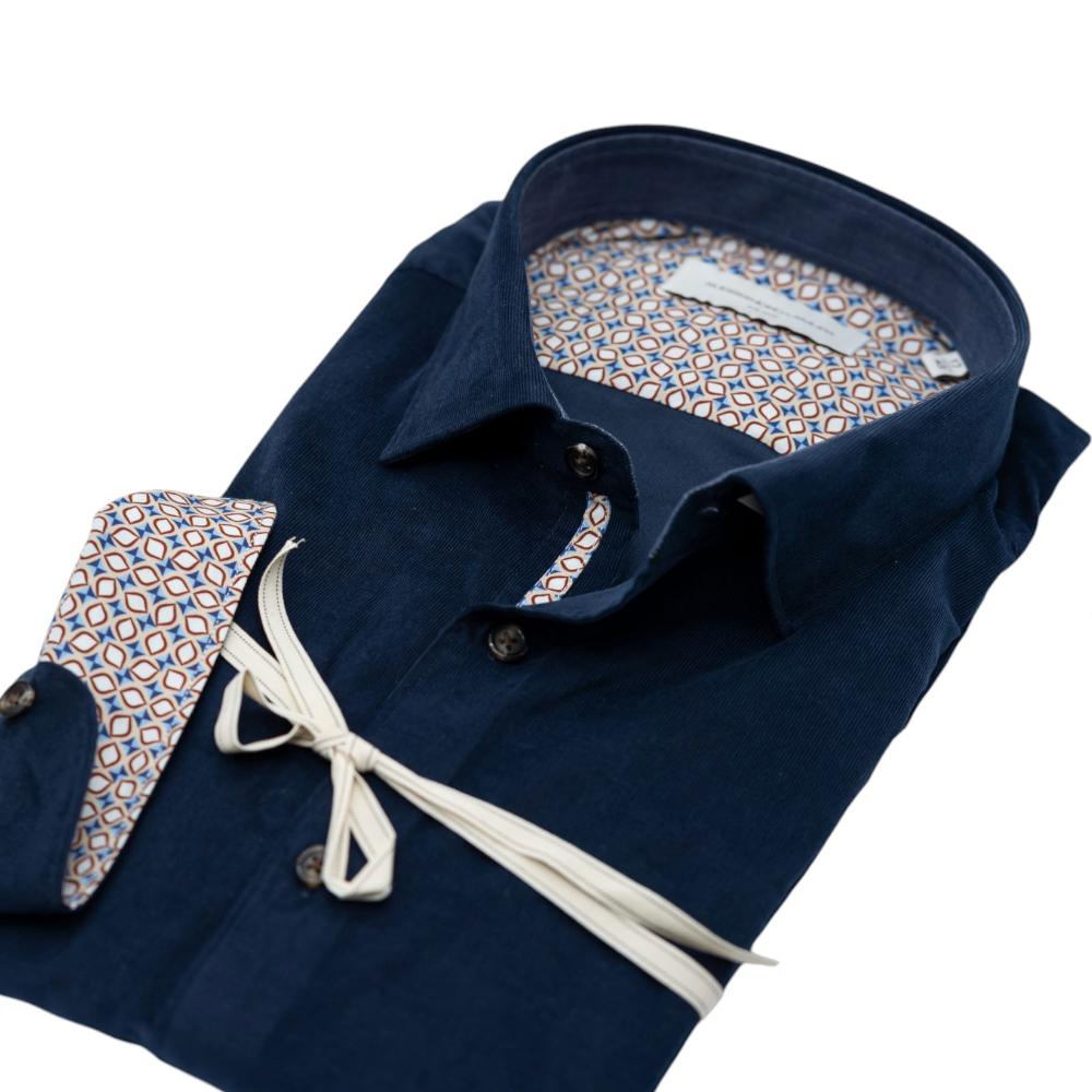 Alessandro Lamura Camicia Velluto Millerighe Blu Navy Con Dettagli Interni Geometrici Affare Del Giorno