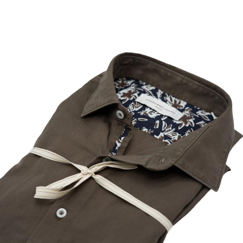 Alessandro Lamura Camicia in Gabardine Tinta in Capo Verde Oliva Con Dettagli Floreali a Contrasto Sottocosto