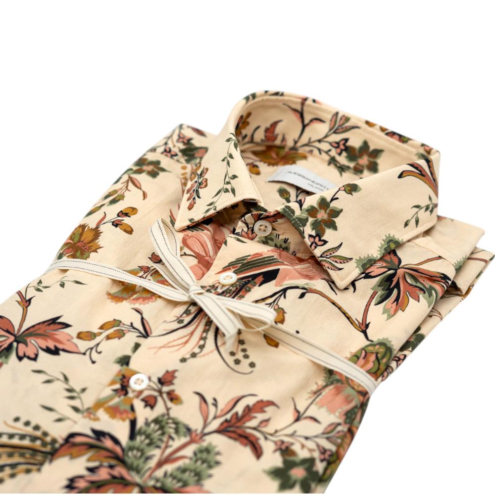 Alessandro Lamura Camicia Beige Chiaro con Motivo Floreale Multicolore Consegna Veloce