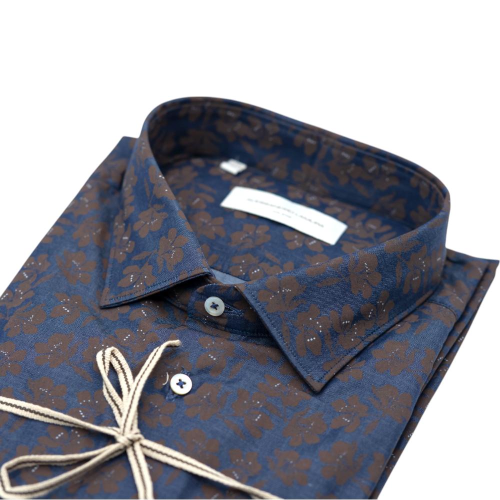 Alessandro Lamura Camicia Blu Scuro con Motivo Floreale Marrone In Saldo