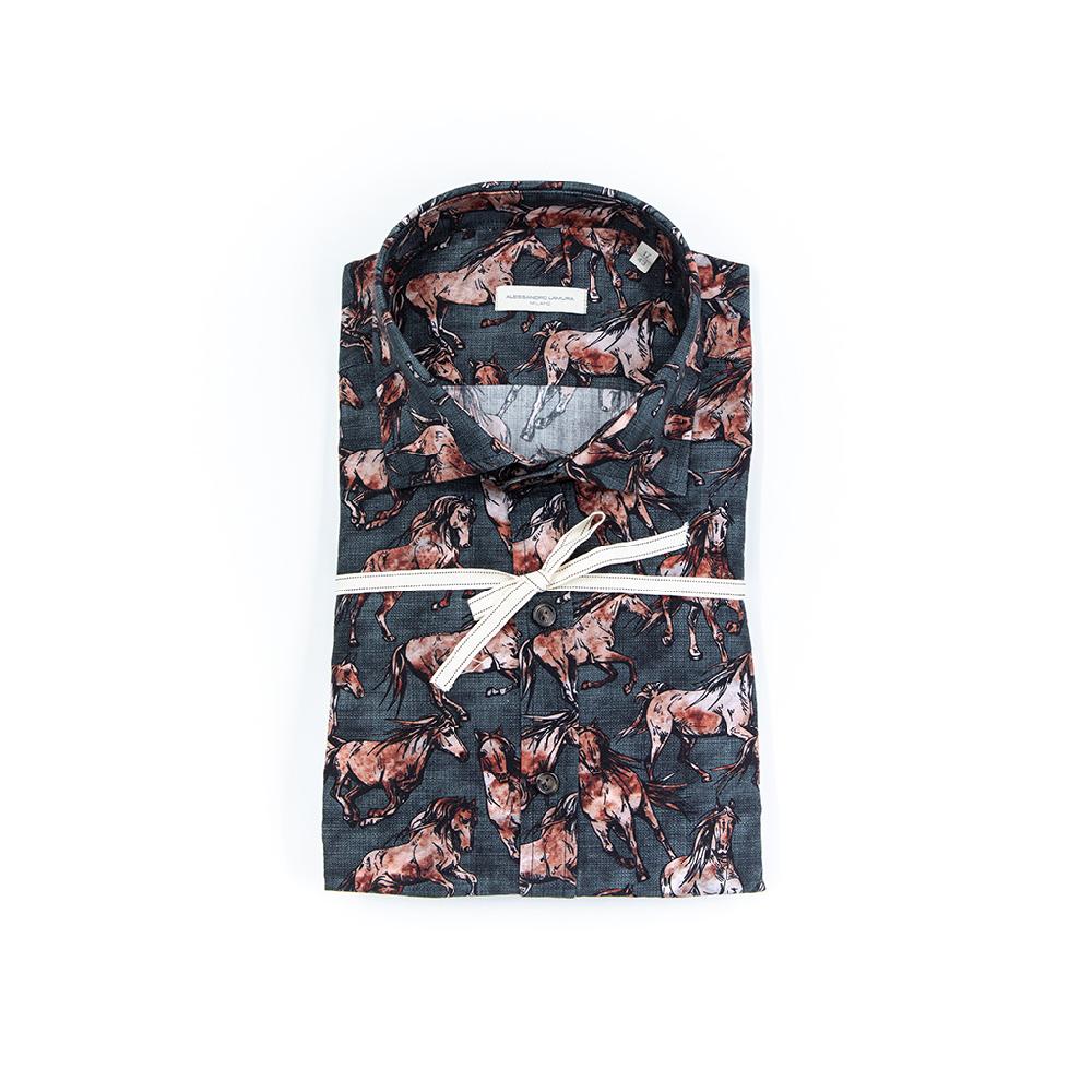 Alessandro Lamura Camicia Di Cotone Stampa Cavalli in corsa – Collo francese In Linea