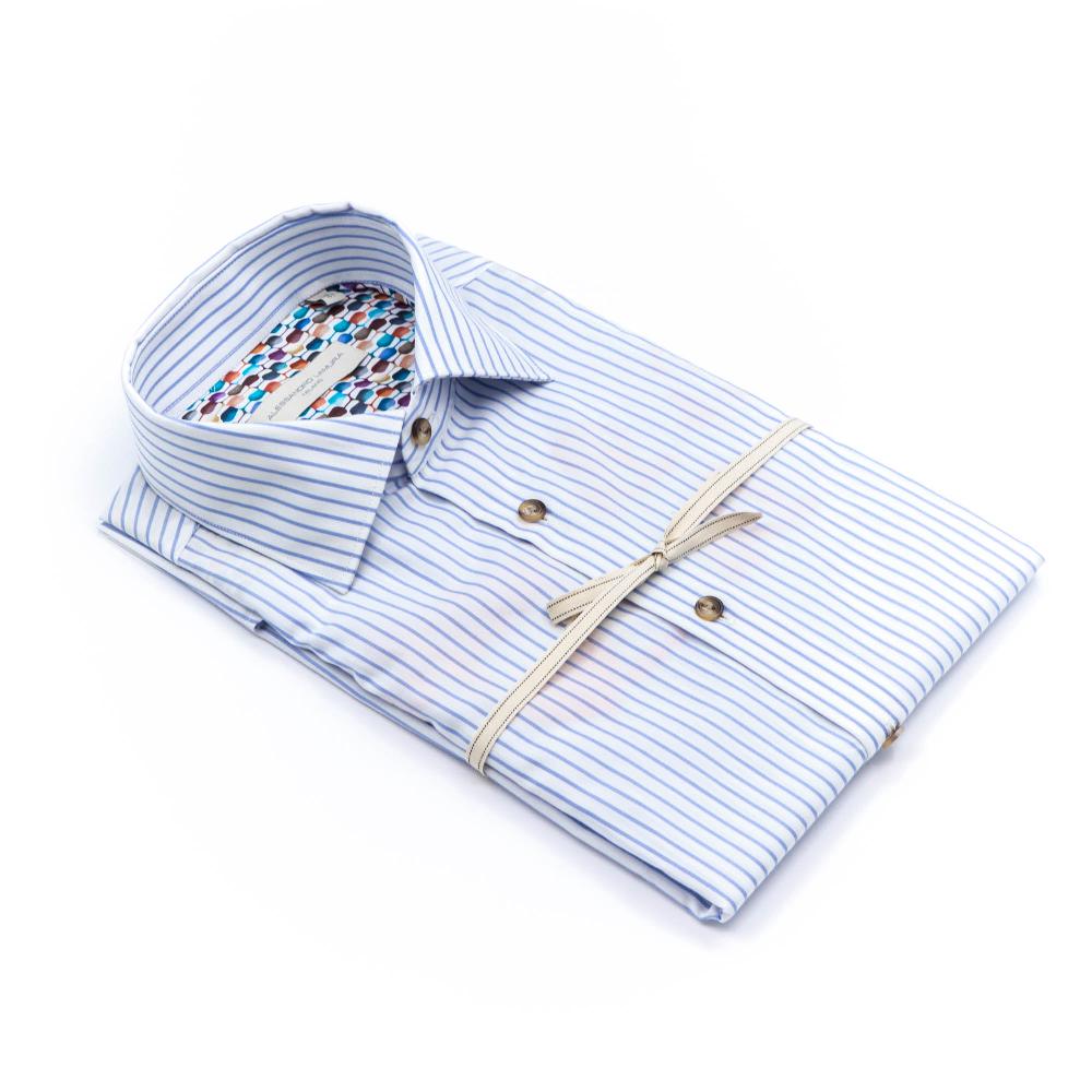 Alessandro Lamura Camicia Con Ricamo Rigata Collo Francese Spedizione Gratuita