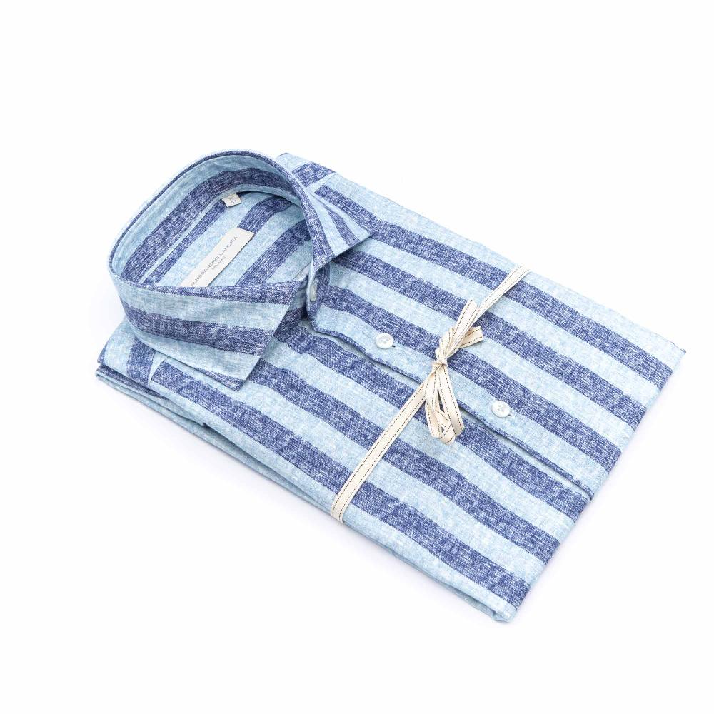 Alessandro Lamura Camicia Blu Rigata Collo Francese Pezzi Unici