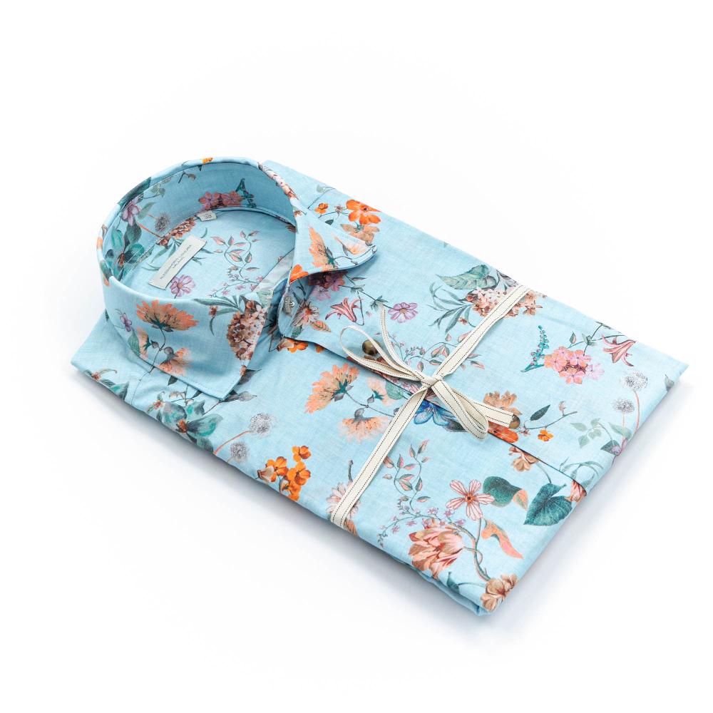 Alessandro Lamura Camicia Celeste Floreale Collo Italiano Sottocosto