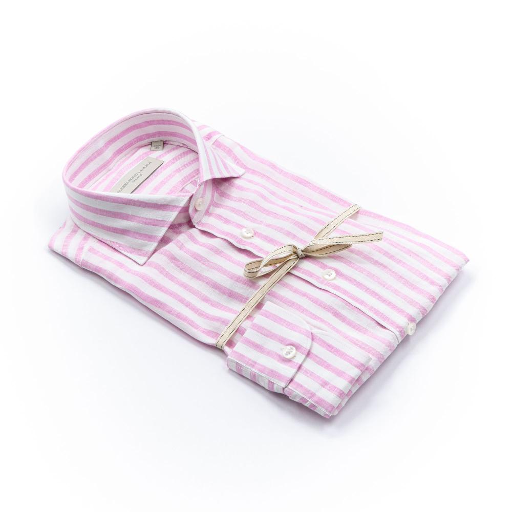 Alessandro Lamura Camicia Lino Righe Rosa Collo Francese Saldi Di Fabbrica